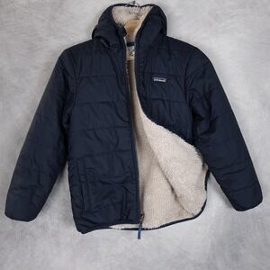 Patagonia Reversible Ready Freddy Jacket Kids 8 Blue Hooded Sherpa Fleece